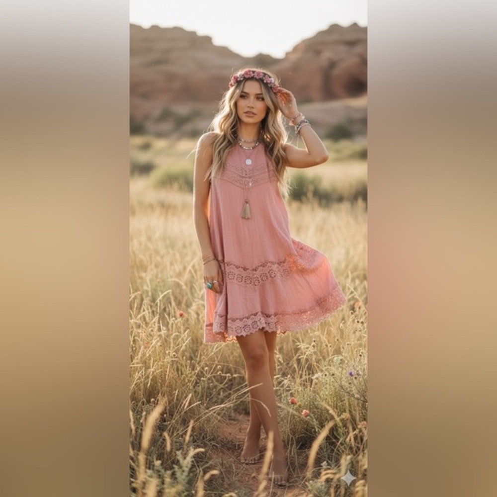 Dee Elle Pink Lace Trim Babydoll Mini Dress XS Cottagecore